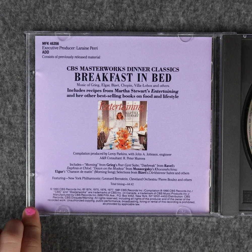 CBS Masterworks CD Breakfast In Bed Classical Music Martha‎ Stewart Recipes 1990